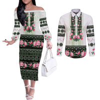 Green Romanian National Costume Couples Matching Off The Shoulder Long Sleeve Dress and Long Sleeve Button Shirt Peony Flowers Traditional Folk Pattern - Wonder Print Shop