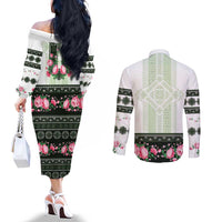Green Romanian National Costume Couples Matching Off The Shoulder Long Sleeve Dress and Long Sleeve Button Shirt Peony Flowers Traditional Folk Pattern - Wonder Print Shop