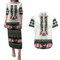 Green Romanian National Costume Couples Matching Puletasi and Hawaiian Shirt Peony Flowers Traditional Folk Pattern - Wonder Print Shop
