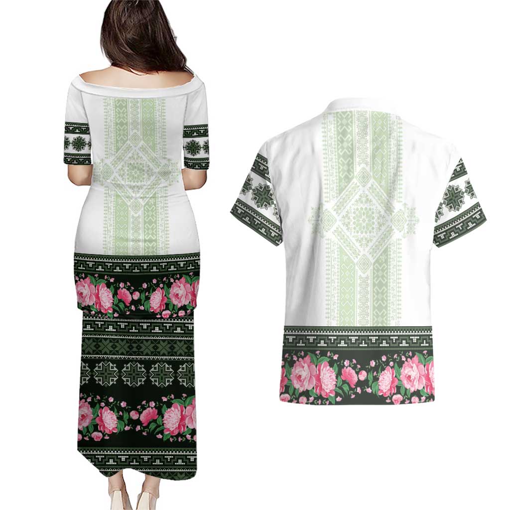 Green Romanian National Costume Couples Matching Puletasi and Hawaiian Shirt Peony Flowers Traditional Folk Pattern - Wonder Print Shop
