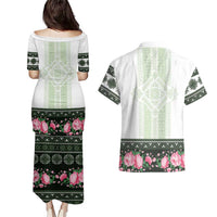 Green Romanian National Costume Couples Matching Puletasi and Hawaiian Shirt Peony Flowers Traditional Folk Pattern - Wonder Print Shop