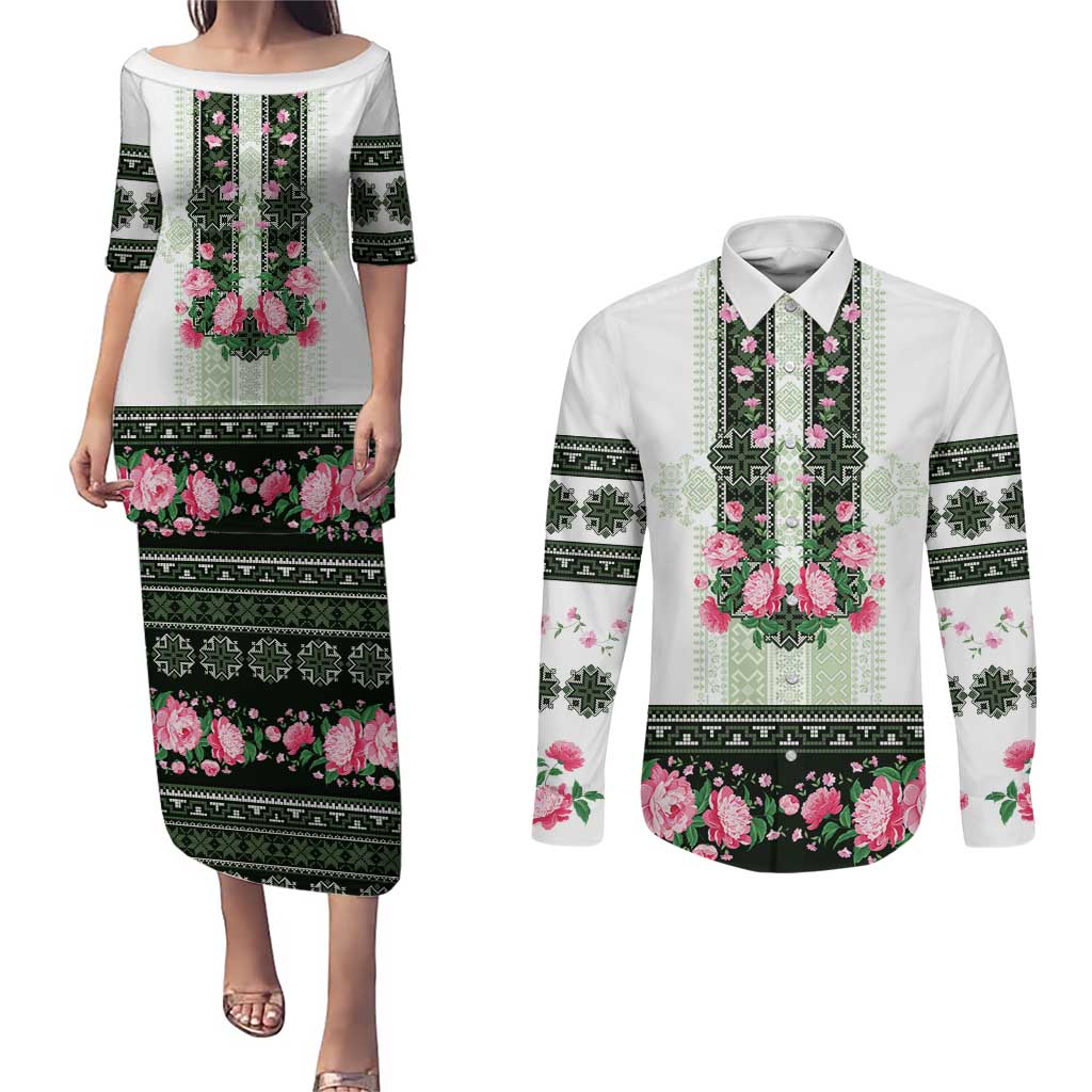 Green Romanian National Costume Couples Matching Puletasi and Long Sleeve Button Shirt Peony Flowers Traditional Folk Pattern - Wonder Print Shop