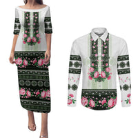 Green Romanian National Costume Couples Matching Puletasi and Long Sleeve Button Shirt Peony Flowers Traditional Folk Pattern - Wonder Print Shop