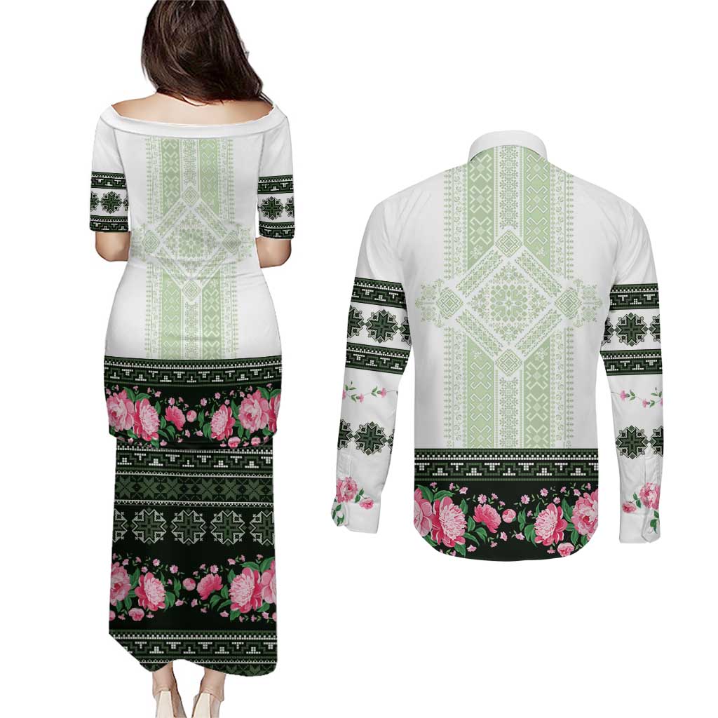 Green Romanian National Costume Couples Matching Puletasi and Long Sleeve Button Shirt Peony Flowers Traditional Folk Pattern - Wonder Print Shop