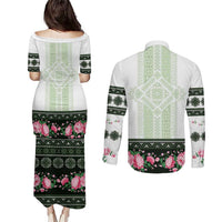 Green Romanian National Costume Couples Matching Puletasi and Long Sleeve Button Shirt Peony Flowers Traditional Folk Pattern - Wonder Print Shop