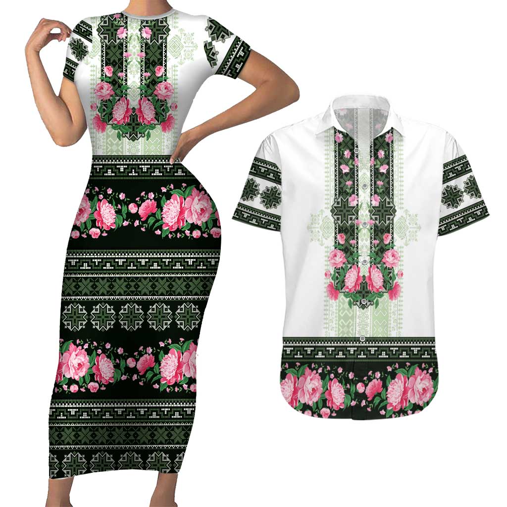Green Romanian National Costume Couples Matching Short Sleeve Bodycon Dress and Hawaiian Shirt Peony Flowers Traditional Folk Pattern - Wonder Print Shop