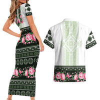 Green Romanian National Costume Couples Matching Short Sleeve Bodycon Dress and Hawaiian Shirt Peony Flowers Traditional Folk Pattern - Wonder Print Shop