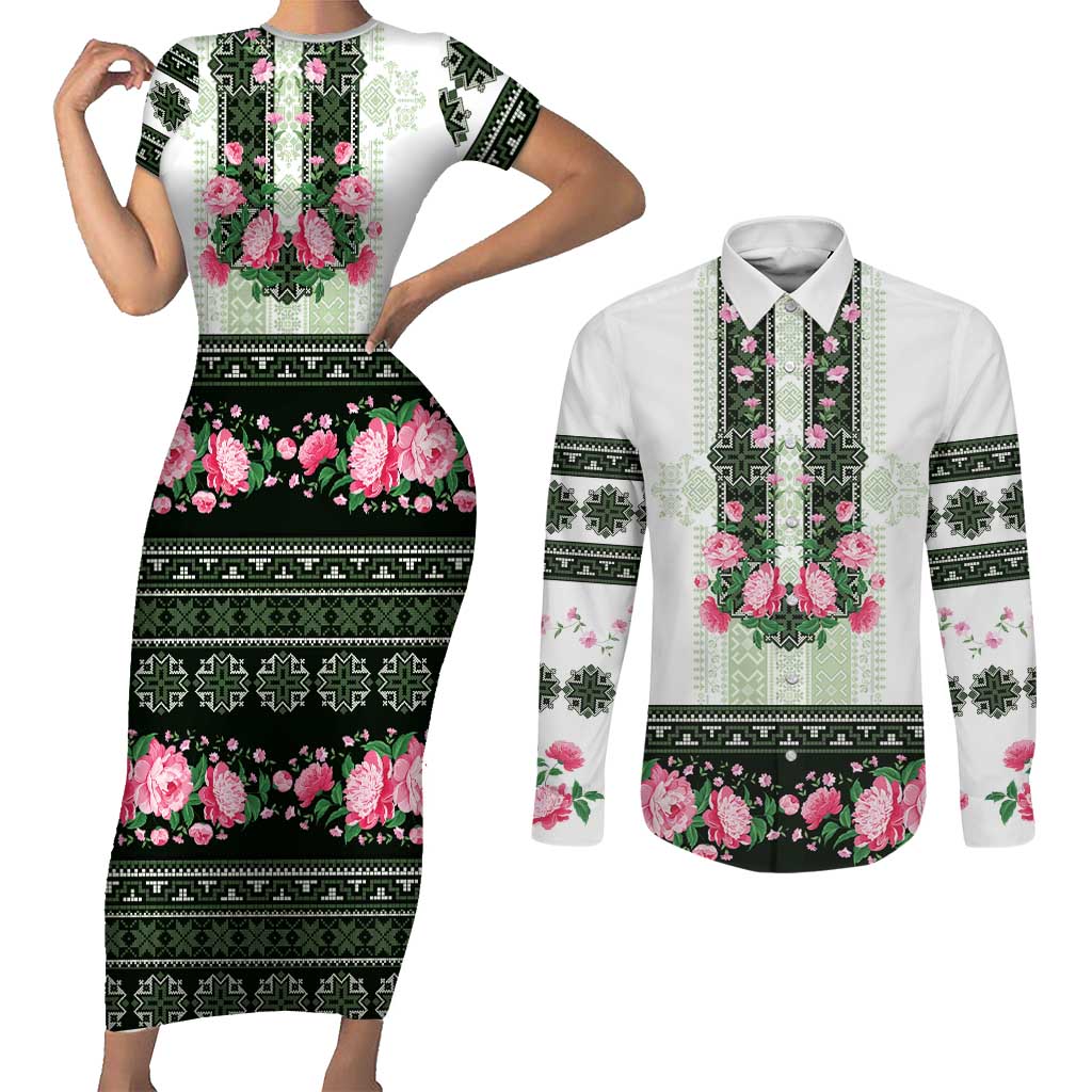 Green Romanian National Costume Couples Matching Short Sleeve Bodycon Dress and Long Sleeve Button Shirt Peony Flowers Traditional Folk Pattern - Wonder Print Shop