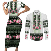 Green Romanian National Costume Couples Matching Short Sleeve Bodycon Dress and Long Sleeve Button Shirt Peony Flowers Traditional Folk Pattern - Wonder Print Shop