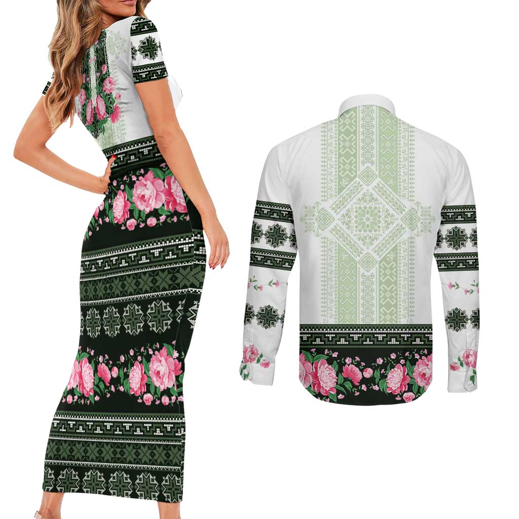 Green Romanian National Costume Couples Matching Short Sleeve Bodycon Dress and Long Sleeve Button Shirt Peony Flowers Traditional Folk Pattern - Wonder Print Shop
