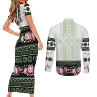 Green Romanian National Costume Couples Matching Short Sleeve Bodycon Dress and Long Sleeve Button Shirt Peony Flowers Traditional Folk Pattern - Wonder Print Shop
