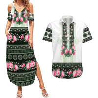 Green Romanian National Costume Couples Matching Summer Maxi Dress and Hawaiian Shirt Peony Flowers Traditional Folk Pattern - Wonder Print Shop