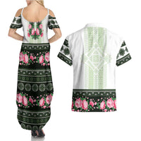 Green Romanian National Costume Couples Matching Summer Maxi Dress and Hawaiian Shirt Peony Flowers Traditional Folk Pattern - Wonder Print Shop