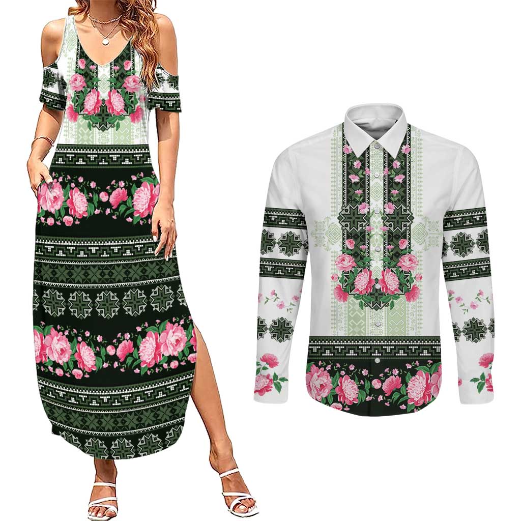 Green Romanian National Costume Couples Matching Summer Maxi Dress and Long Sleeve Button Shirt Peony Flowers Traditional Folk Pattern - Wonder Print Shop