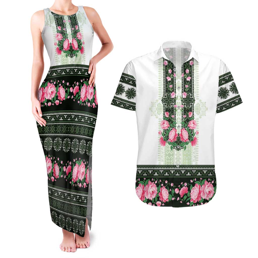 Green Romanian National Costume Couples Matching Tank Maxi Dress and Hawaiian Shirt Peony Flowers Traditional Folk Pattern - Wonder Print Shop