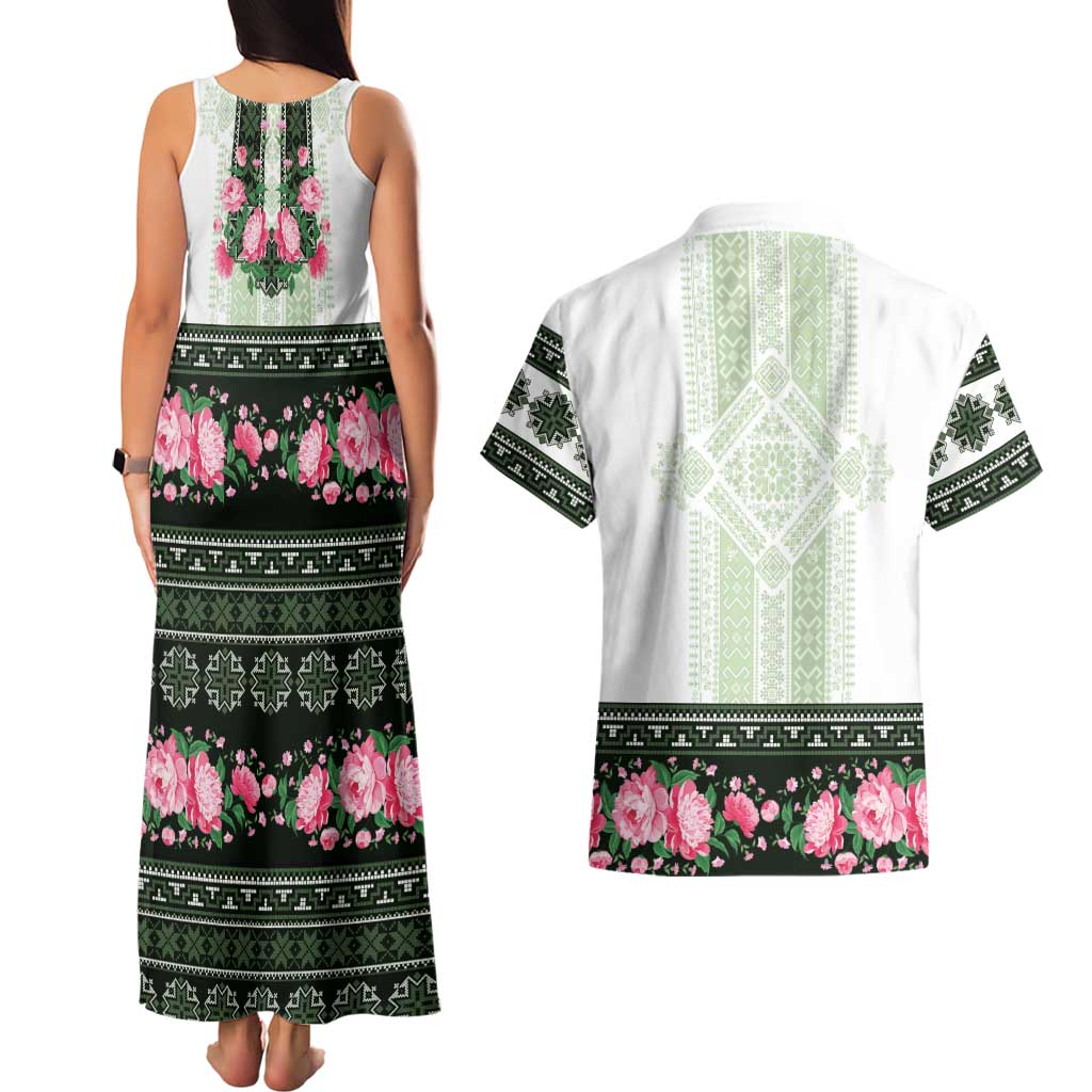 Green Romanian National Costume Couples Matching Tank Maxi Dress and Hawaiian Shirt Peony Flowers Traditional Folk Pattern - Wonder Print Shop