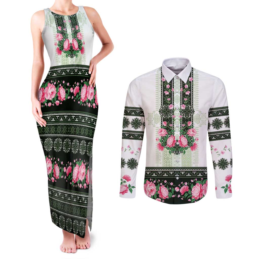 Green Romanian National Costume Couples Matching Tank Maxi Dress and Long Sleeve Button Shirt Peony Flowers Traditional Folk Pattern - Wonder Print Shop