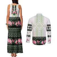 Green Romanian National Costume Couples Matching Tank Maxi Dress and Long Sleeve Button Shirt Peony Flowers Traditional Folk Pattern - Wonder Print Shop