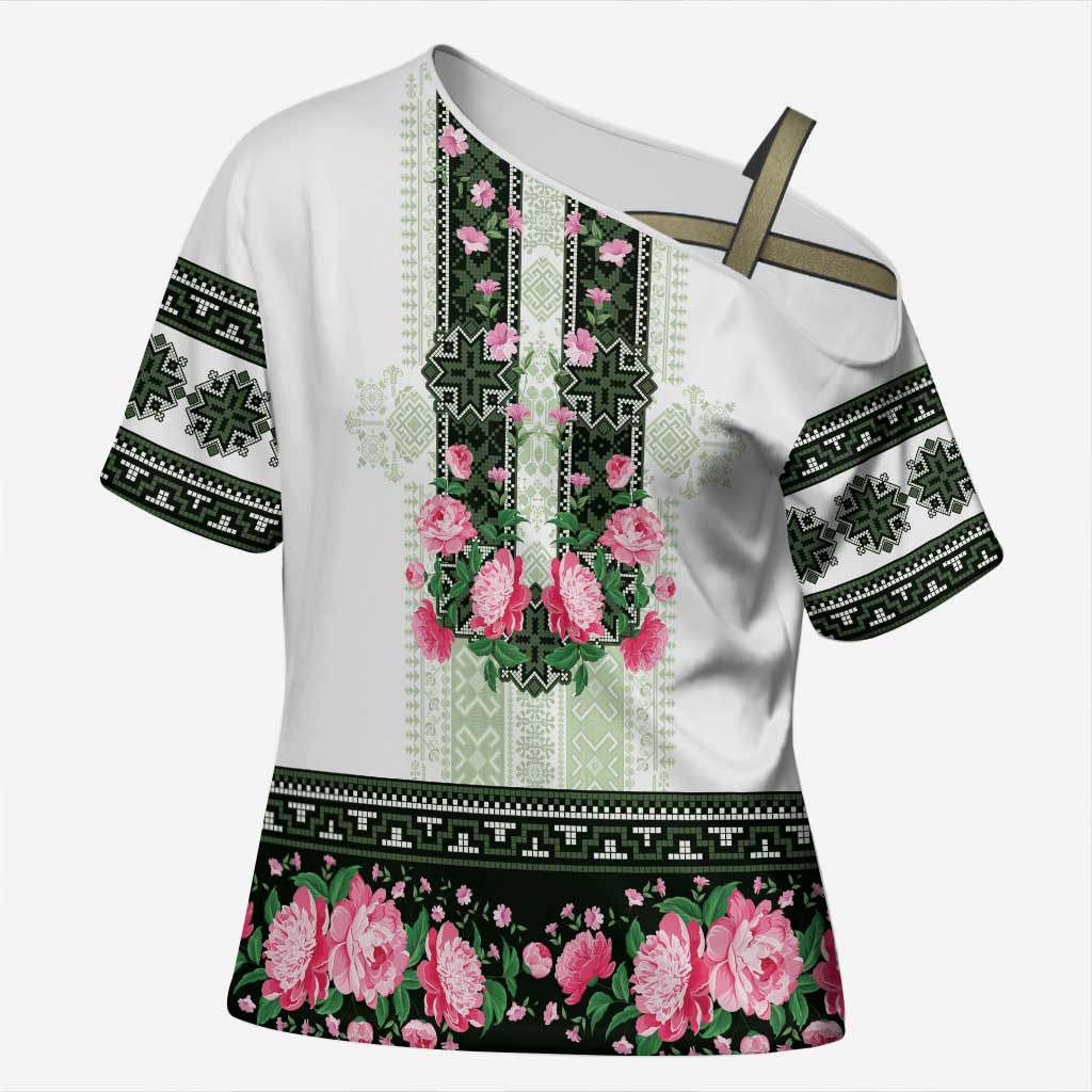 Green Romanian National Costume Cross Shoulder Shirt Peony Flowers Traditional Folk Pattern - Wonder Print Shop