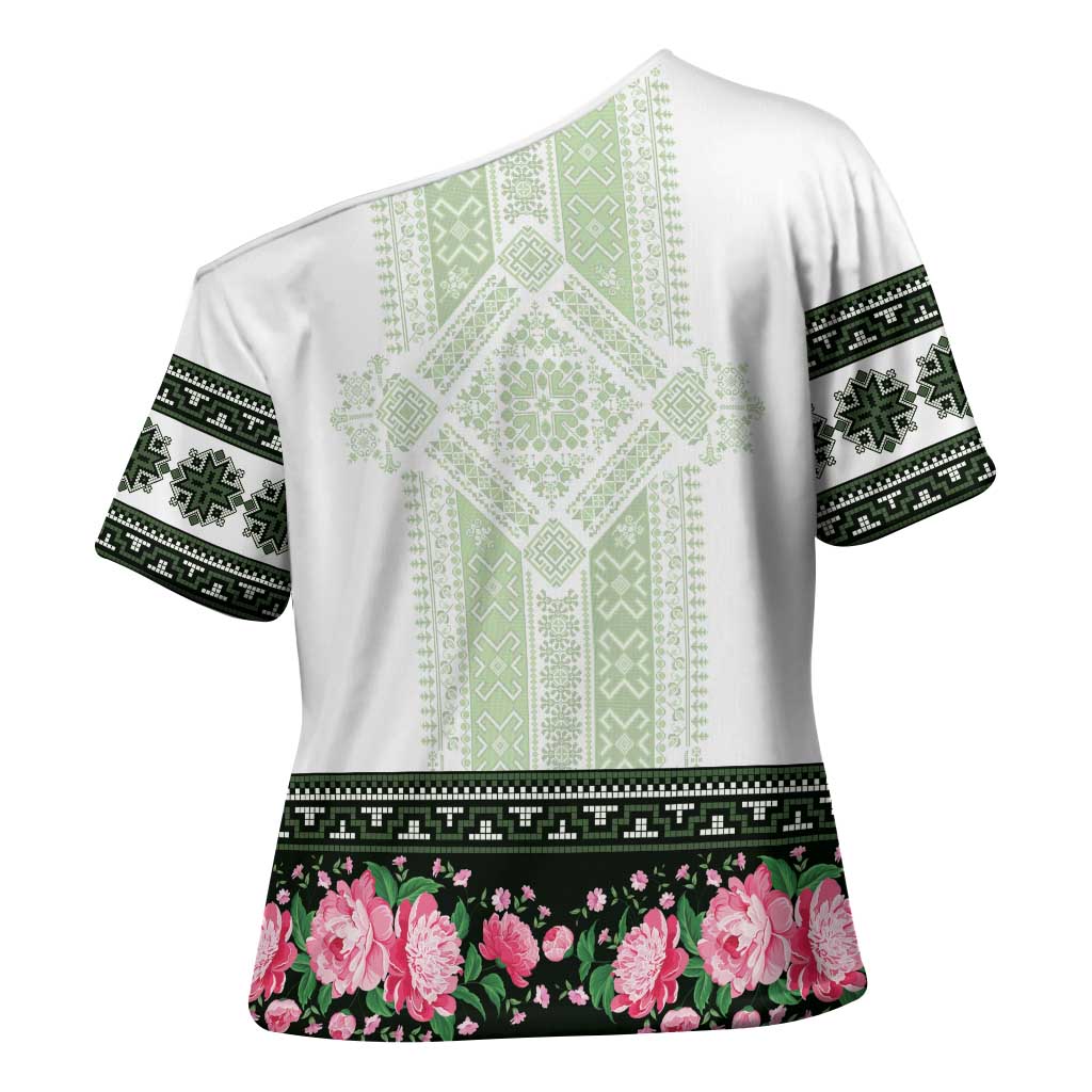 Green Romanian National Costume Cross Shoulder Shirt Peony Flowers Traditional Folk Pattern - Wonder Print Shop