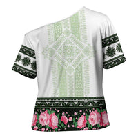 Green Romanian National Costume Cross Shoulder Shirt Peony Flowers Traditional Folk Pattern - Wonder Print Shop