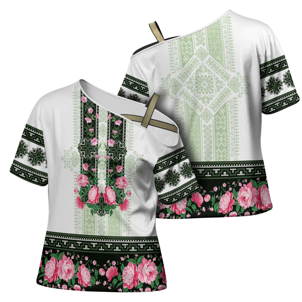 Green Romanian National Costume Cross Shoulder Shirt Peony Flowers Traditional Folk Pattern - Wonder Print Shop