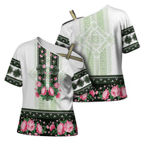 Green Romanian National Costume Cross Shoulder Shirt Peony Flowers Traditional Folk Pattern - Wonder Print Shop