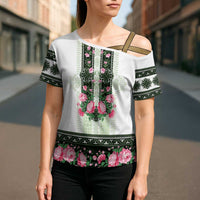 Green Romanian National Costume Cross Shoulder Shirt Peony Flowers Traditional Folk Pattern - Wonder Print Shop