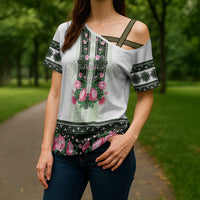 Green Romanian National Costume Cross Shoulder Shirt Peony Flowers Traditional Folk Pattern - Wonder Print Shop