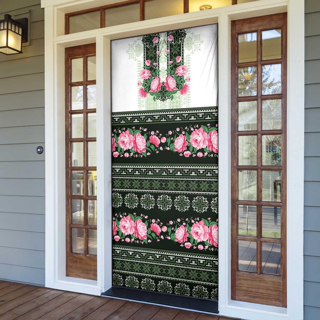 Green Romanian National Costume Door Cover Peony Flowers Traditional Folk Pattern - Wonder Print Shop