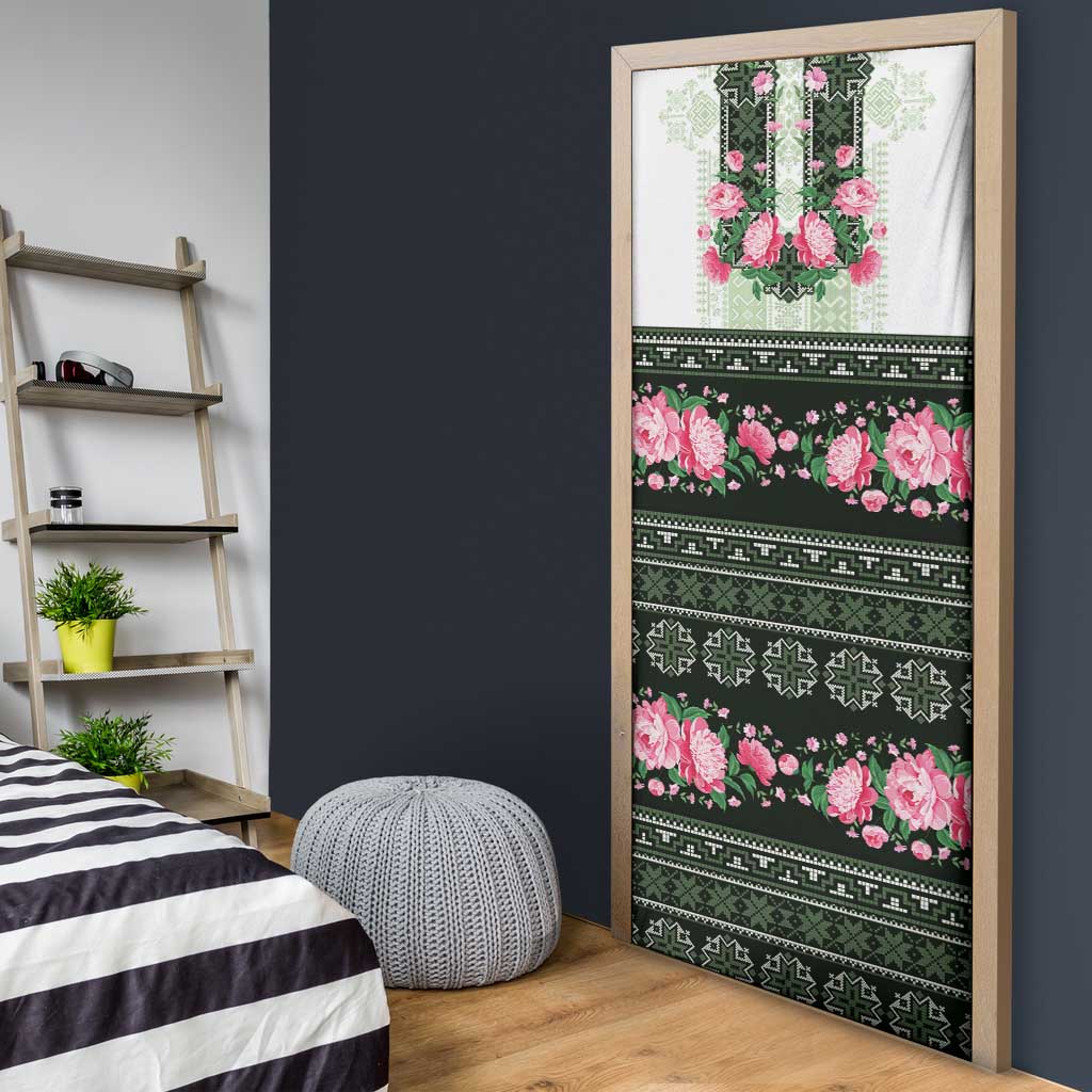 Green Romanian National Costume Door Cover Peony Flowers Traditional Folk Pattern - Wonder Print Shop