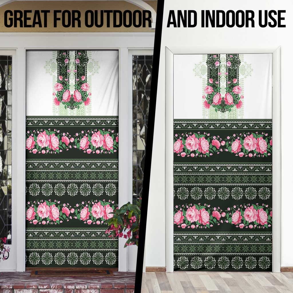 Green Romanian National Costume Door Cover Peony Flowers Traditional Folk Pattern - Wonder Print Shop