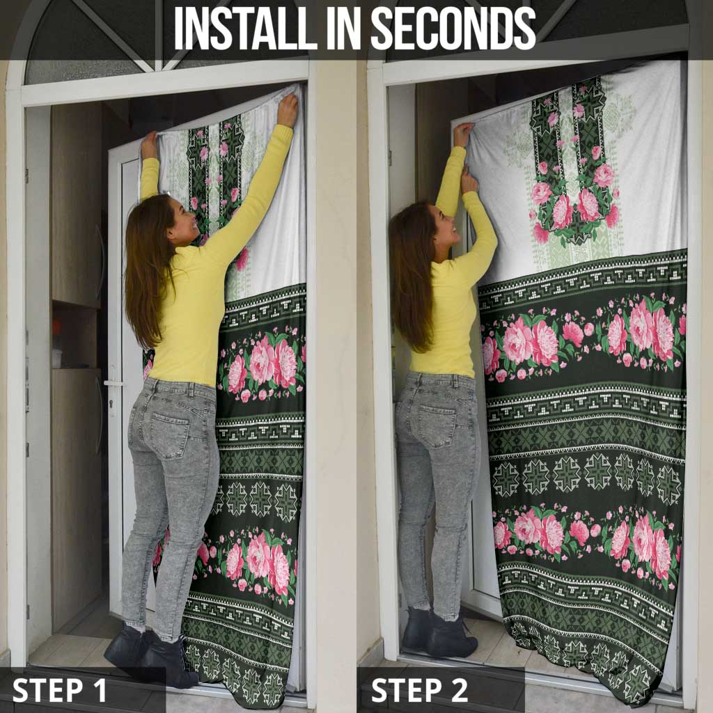Green Romanian National Costume Door Cover Peony Flowers Traditional Folk Pattern - Wonder Print Shop