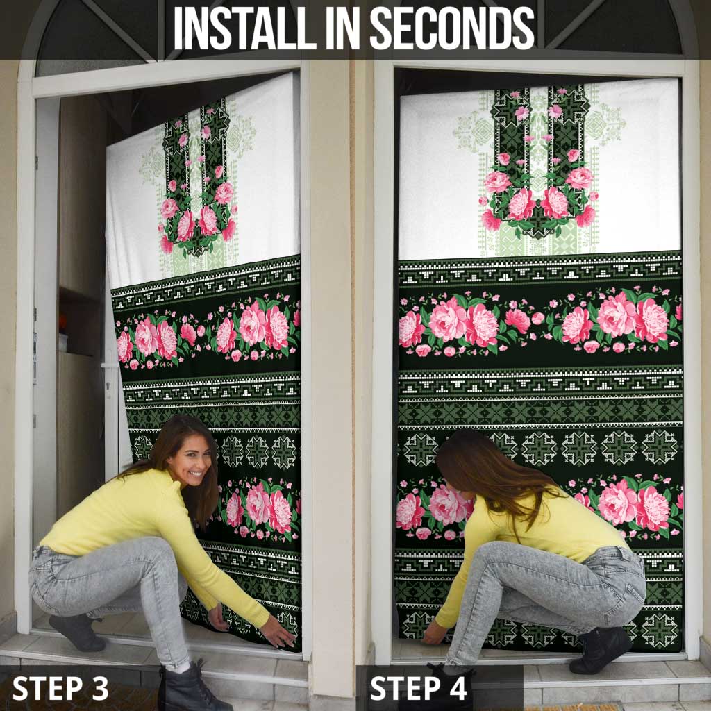 Green Romanian National Costume Door Cover Peony Flowers Traditional Folk Pattern - Wonder Print Shop