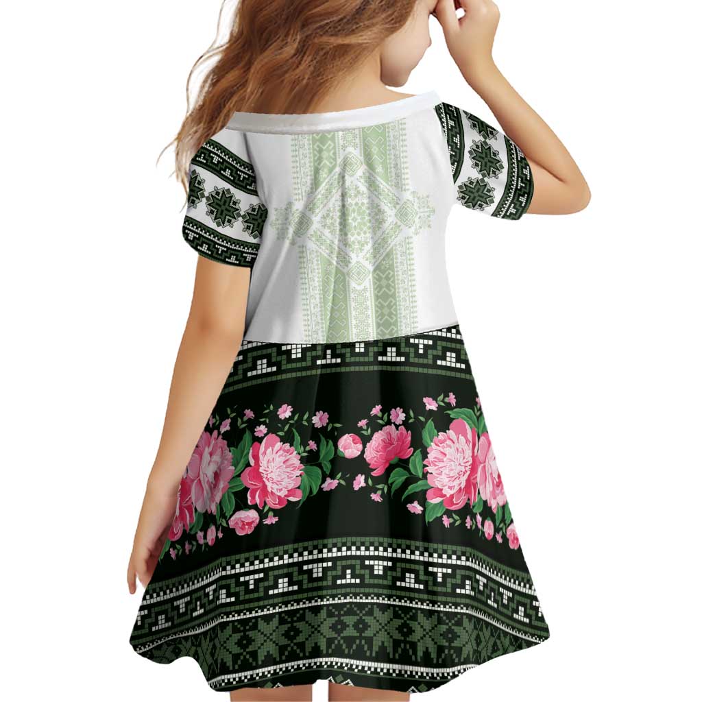 Green Romanian National Costume Family Matching Long Sleeve Bodycon Dress and Hawaiian Shirt Peony Flowers Traditional Folk Pattern - Wonder Print Shop