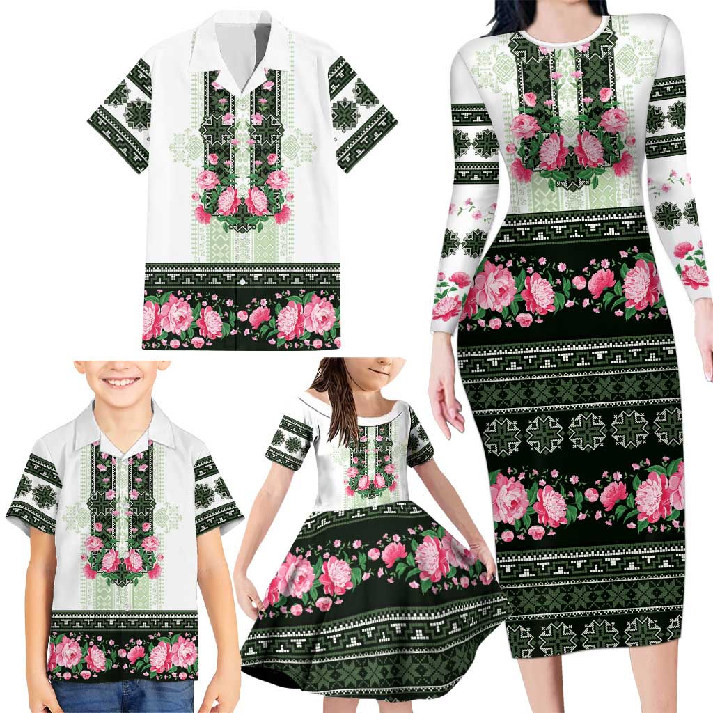 Green Romanian National Costume Family Matching Long Sleeve Bodycon Dress and Hawaiian Shirt Peony Flowers Traditional Folk Pattern - Wonder Print Shop