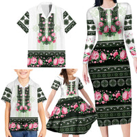 Green Romanian National Costume Family Matching Long Sleeve Bodycon Dress and Hawaiian Shirt Peony Flowers Traditional Folk Pattern - Wonder Print Shop