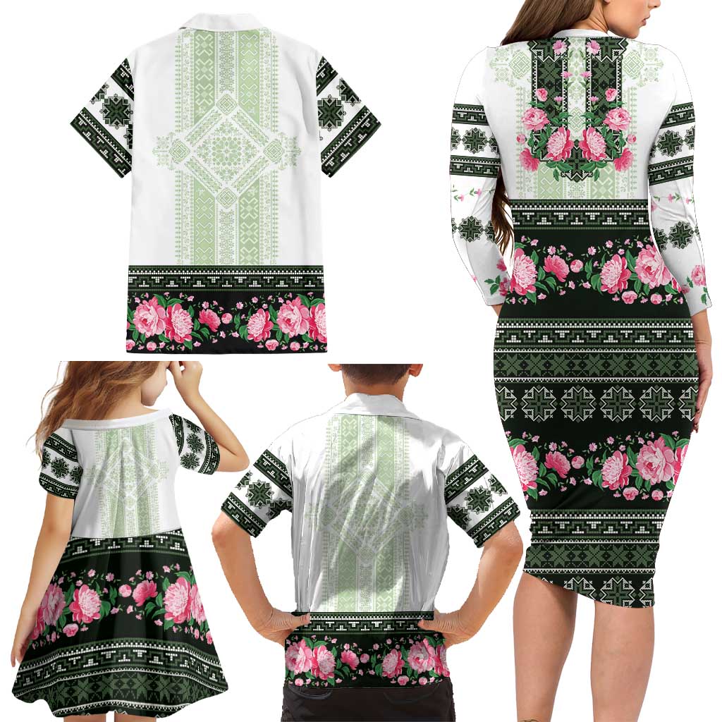 Green Romanian National Costume Family Matching Long Sleeve Bodycon Dress and Hawaiian Shirt Peony Flowers Traditional Folk Pattern - Wonder Print Shop