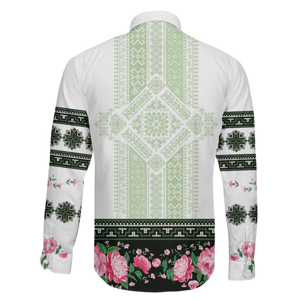 Green Romanian National Costume Family Matching Long Sleeve Bodycon Dress and Hawaiian Shirt Peony Flowers Traditional Folk Pattern - Wonder Print Shop