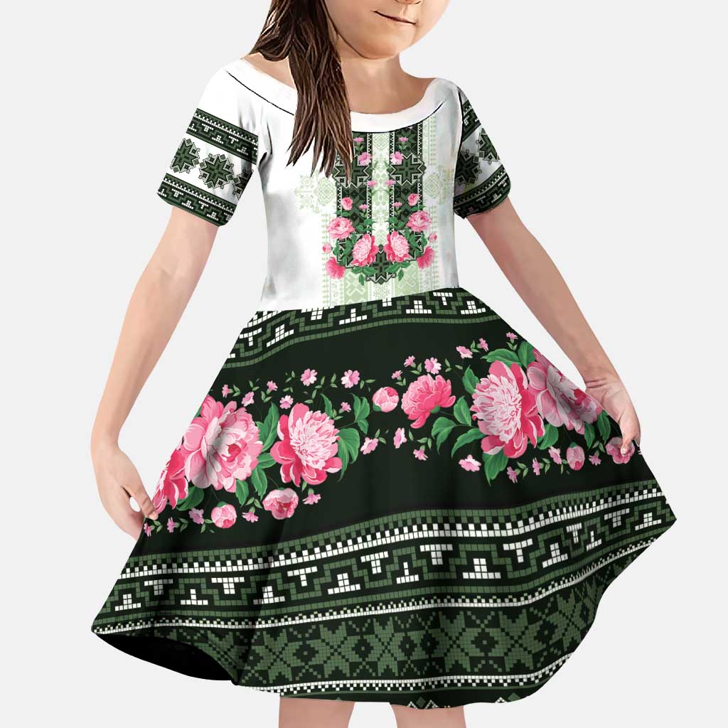 Green Romanian National Costume Family Matching Mermaid Dress and Hawaiian Shirt Peony Flowers Traditional Folk Pattern - Wonder Print Shop
