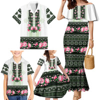 Green Romanian National Costume Family Matching Mermaid Dress and Hawaiian Shirt Peony Flowers Traditional Folk Pattern - Wonder Print Shop