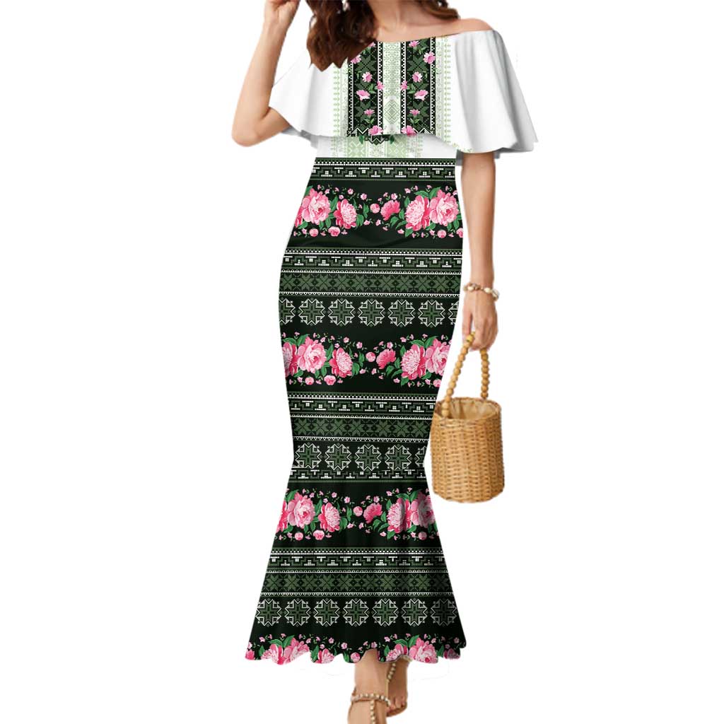Green Romanian National Costume Family Matching Mermaid Dress and Hawaiian Shirt Peony Flowers Traditional Folk Pattern - Wonder Print Shop
