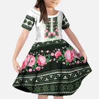 Green Romanian National Costume Family Matching Off The Shoulder Long Sleeve Dress and Hawaiian Shirt Peony Flowers Traditional Folk Pattern - Wonder Print Shop