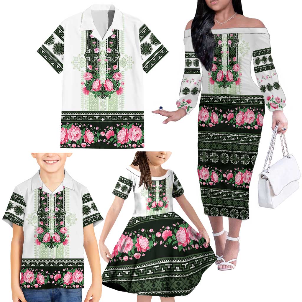 Green Romanian National Costume Family Matching Off The Shoulder Long Sleeve Dress and Hawaiian Shirt Peony Flowers Traditional Folk Pattern - Wonder Print Shop