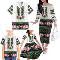 Green Romanian National Costume Family Matching Off The Shoulder Long Sleeve Dress and Hawaiian Shirt Peony Flowers Traditional Folk Pattern - Wonder Print Shop