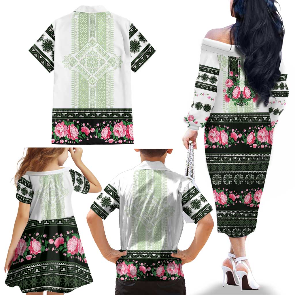 Green Romanian National Costume Family Matching Off The Shoulder Long Sleeve Dress and Hawaiian Shirt Peony Flowers Traditional Folk Pattern - Wonder Print Shop