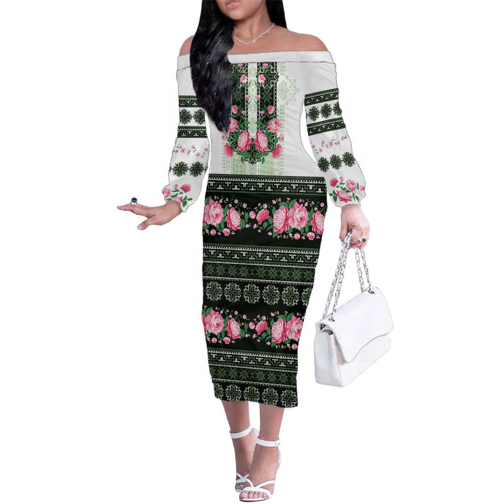 Green Romanian National Costume Family Matching Off The Shoulder Long Sleeve Dress and Hawaiian Shirt Peony Flowers Traditional Folk Pattern - Wonder Print Shop