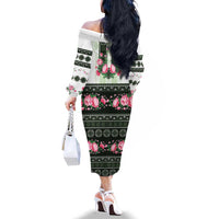 Green Romanian National Costume Family Matching Off The Shoulder Long Sleeve Dress and Hawaiian Shirt Peony Flowers Traditional Folk Pattern - Wonder Print Shop