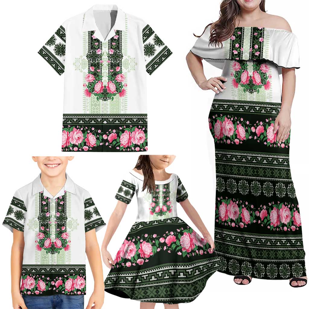 Green Romanian National Costume Family Matching Off Shoulder Maxi Dress and Hawaiian Shirt Peony Flowers Traditional Folk Pattern - Wonder Print Shop