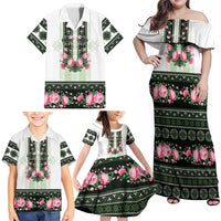 Green Romanian National Costume Family Matching Off Shoulder Maxi Dress and Hawaiian Shirt Peony Flowers Traditional Folk Pattern - Wonder Print Shop